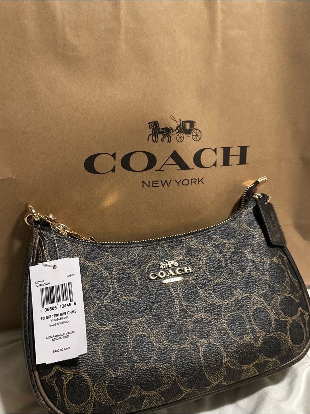 Coach Brown Signature Canvas Mini Shoulder Bag with Gold Logo
